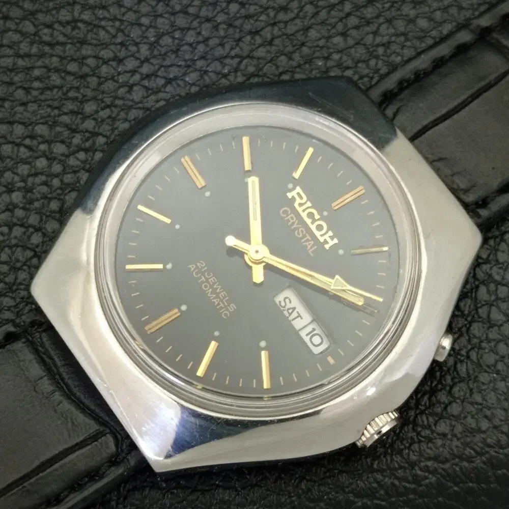Vintage 1990 Ricoh Automatic Mens Silver Watch W/daydate & Gold accents
